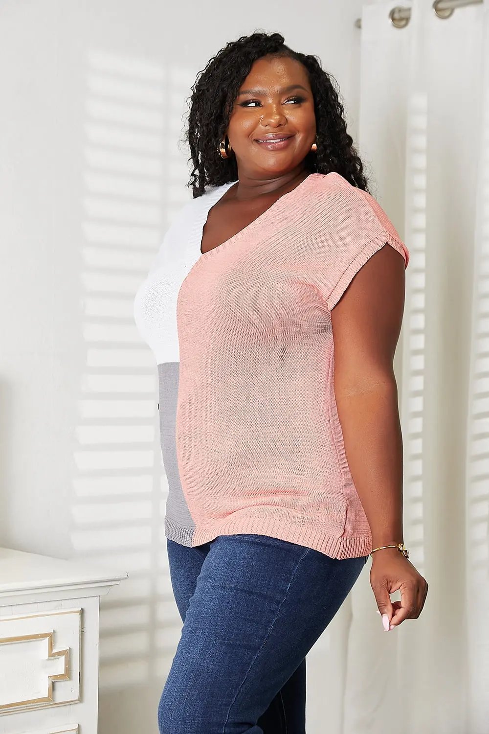 Double Take: Colorblock V-Neck Knit Top - Love Salve